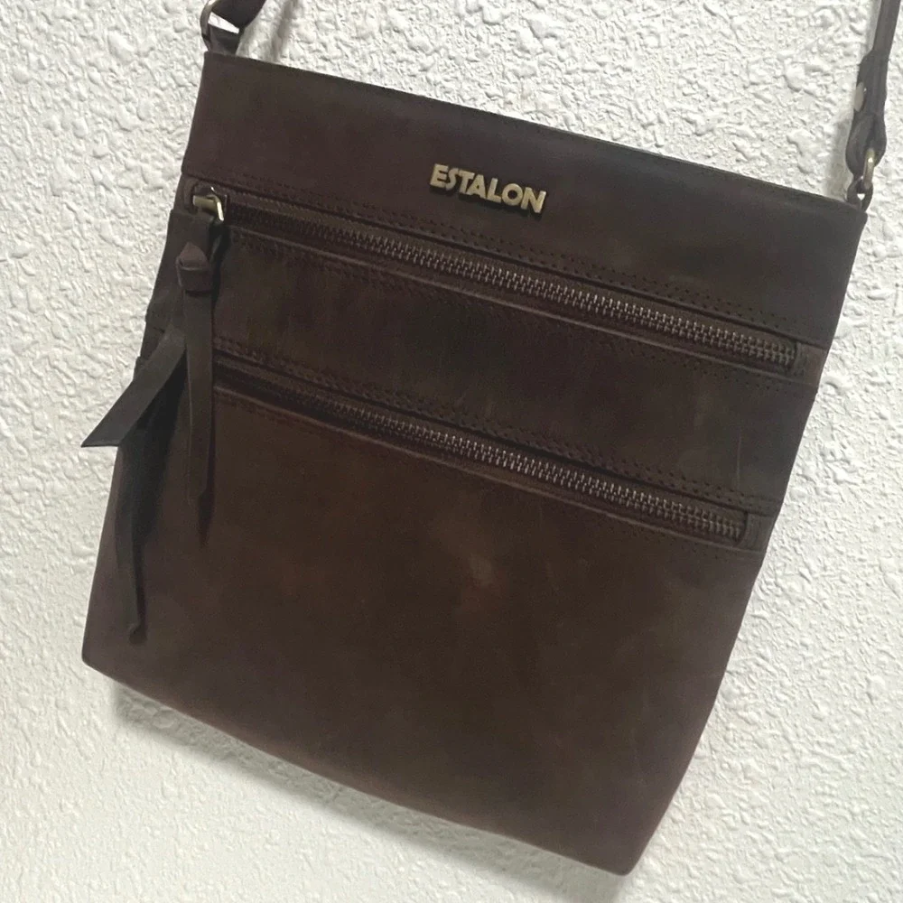 Estalon Dark Brown Genuine Leather Crossbody Messenger Bag Adjustable Purse EUC